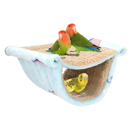 BWOGUE Bird Nest Bed Hanging Hammock, Parakeet Bed for Cage, Cockatiel Bed | Warm Fleece Snuggle Hut, Double-Layer Comfort, Wooden Perch Setup, Washable Hammock - color: Sky Blue, size: Medium (9"x7.2")