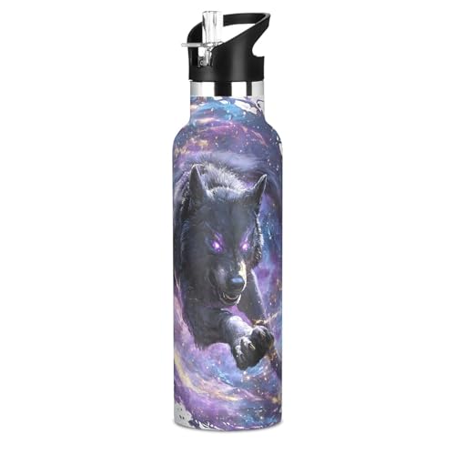 Wolf Water Bottles for Boys Starry Sky Leakproof Insulated Flask Jug Insulated Stainless Steel Travel Mugs Thermos Bottle Cups with Straw Lid for Sport 600ml - color: black wolf running