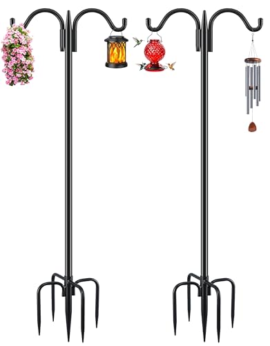 Gtongoko Bird Feeder Pole for Outdoors Heavy Duty, 2 Pack 63 Inch Double Shepherds Hook with 5-Prong Stable Base, 5/8 Inch Thick Hummingbird Feeder Stand for Hanging Plants, Lanterns - size: 63 Inch