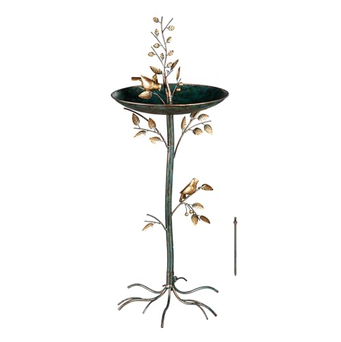 Evergreen Cast Metal Outdoor Garden Bird Bath and Feeder on Pedestal | Birds on Leafy Branch | 37.5 inches Tall | Antique Finish | Round Bowl Outside Rustic Decor Patio Porch Deck - size: 37.5"H Leafy Branch
