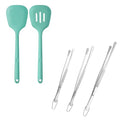 600ºF Heat Resistant Silicone Turners: U-Taste 13.6in Long Solid & Slotted Kitchen Spatula Flipper (Aqua Sky, 2PCS) and 8"+10"+12" Kitchen Cooking Tweezer: 18/8 Stainless Steel, Round Tip