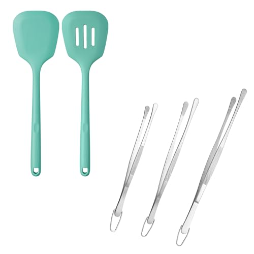 600ºF Heat Resistant Silicone Turners: U-Taste 13.6in Long Solid & Slotted Kitchen Spatula Flipper (Aqua Sky, 2PCS) and 8"+10"+12" Kitchen Cooking Tweezer: 18/8 Stainless Steel, Round Tip
