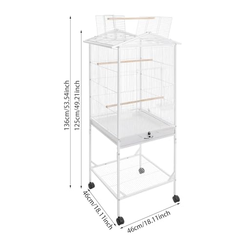 Bird Cage, 18.11 x 18.11 x 49.21 Inch Mobile Bird Flight Cage Large Metal Parakeet Cage w/Slide-Out Tray & Storage Shelf for Budgerigars Lovebirds Kea Parrots & Sun Conures - color: White, size: 18.1"L x 18.1"W x 49.2"H