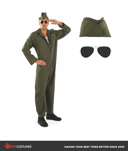 fun shack, Flight Suit Costume Men, Halloween Costumes for Men | Khaki Green Military Style Jumpsuit with Zipper Closure, Matching Hat Included, Perfect for Halloween, Great for Dress-Up