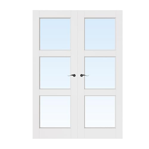 48x80 Interior French Door,3-Lite Clear Glass Doors,Living Room Doors | Matte Black Hardware-Privacy Door Lever with Lock, Latch&Hinges, Solid Core,Tempered Glass,No PreDrill,Jamb Assembly Required - color: 3 Lite, Black Hinges, size: 48x80 for 50x82 open