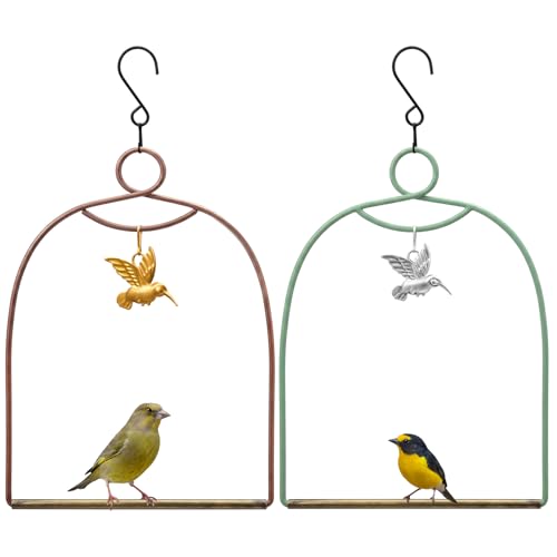LemonRoad 2 Pcs Hummingbird Swing, Metal Frames Birdie Swing with Hummingbird Hanging Decor Hummingbirds Perch with Iron S Hooks for Hanging Indoor Outdoor Trunk Lawn Patio Garden - color: Red and Green, size: 6.7 x 9.1 Inch, style: Arch