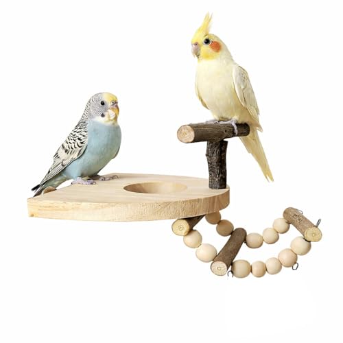 Bird Perch for Cage, Natural Pine Wood Platform with Ladder, Cage Mounted Parrot Perch for Parakeets, Cockatiels, Budgies, Finches & Small Birds