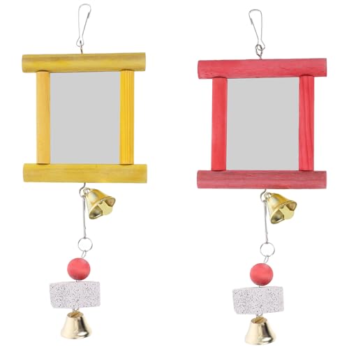 Yardwe Bird Cage Toys 2Pcs Hanging Mirror Toys with Bells and Pecking Blocks for Parrots Chickens Roosters Interactive Chew Toys for Bird Cage