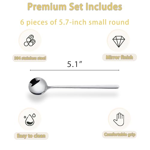 Long-handled Mirror-Finish Small Round Stainless Steel Spoon, Suitable for Scooping Bird's Nest, Honey, Coffee, Milk Powder, Sugar, Cocoa Powder and Other Foods & Desserts (6pcs 5.1", Silver) - size: 5.1in, style: 6Pcs Silver