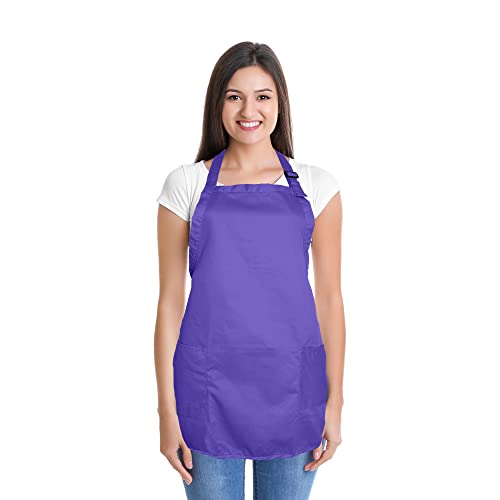 DALIX Apron Commercial Restaurant Home Bib Spun Poly Cotton Kitchen Aprons (2 Pockets) (1, Purple) - color: Purple