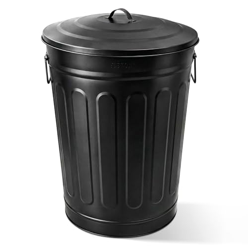 Plexon Metal Trash Can with Lid 13 Gallon, Decorative Outdoor Trash Can Heavy Duty Galvanized Metal Bucket with Lid for Garage Workshop Storage Farmhouse, Black - color: Black