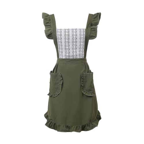 Cute Cotton Apron for Women, Adjustable Bib Cooking Kitchen Aprons with Pockets for BBQ Drawing Baking - color: Army Green