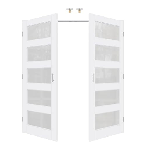 64x80 Interior French Door,5-Lite Frosted Glass Doors,DIY Prehung Room Door | Prefinished & Paintable Double Doors with Ball Catches & Hinges & Handles, Tempered Frosted Glass, Interior Swing Closet Door - color: 5 Panel Frosted Glass, size: 64" x 80"