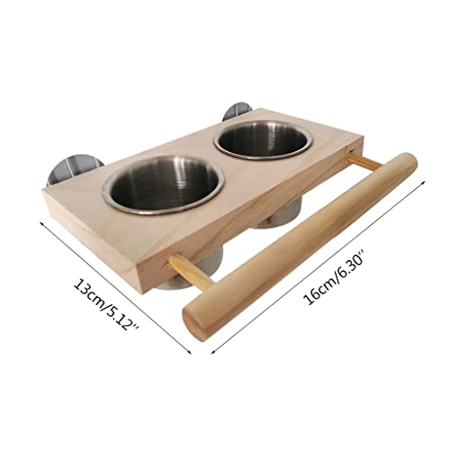 2 in 1 Bird Perch Feeder Stainless Steel Feeding Cups Water Bowls with Wood Perch Stand Platform for Small Birds