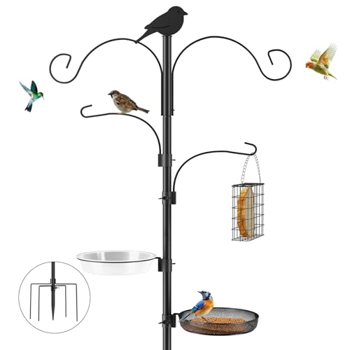 Bird Feeder Pole, 91in 4 Hook Bird Feeding Station Kit with Adjustable Shepherds Hooks, Birds Feeder for Outdoors with Pole 5 Prongs Base Attracting Wild Birds (ATR Deco, Black 91in) - color: Black, style: atr deco