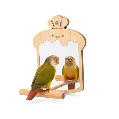 Bird Mirror with Perch, Wooden Bird Cage Mirror Toy, Natural Pine Parrot Perch Accessory for Conures, Budgies, Parakeets, Cockatiels, Lovebirds and Small to Medium Birds