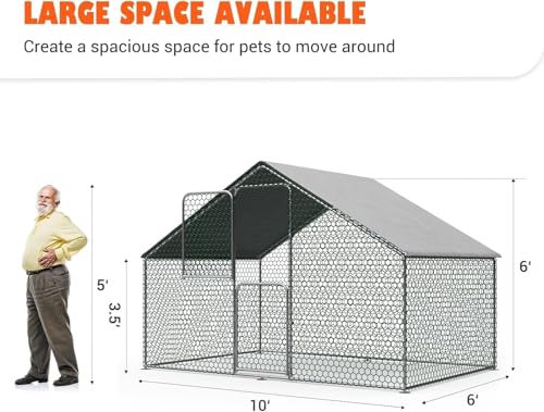 UDPATIO Metal Chicken Coop Walk in Large Chick Run House Pen | Double Feed Door UV-Resistant Cover Galvanized Frame Outdoor Cage for Bird Duck Rabbit Hen 6-10 Silvery-metal 1PCS - size: 120.0"L x 72.0"W x 72.0"H