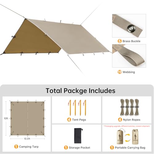 FREE SOLDIER Waterproof Camping Tarp Shelter Awning | Lightweight, Compact, Quick Setup, Waterproof Sun Shelter Campingtarp,For Backpacking, Beach, Travel and Outdoor Activities - color: Beige 10×10.5ft