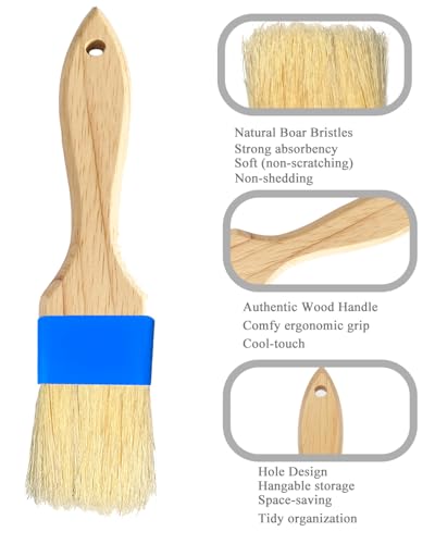 Pastry Basting Brush - Food Grade, Non-Shedding Natural Bristle, Heat Resistant Wooden Handle, Durable Kitchen Tool for Baking, Cooking, Butter, Egg Wash, Glazing, Oil, Sauce (Set of 2, 1.5", Blue)