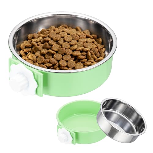 Crate Dog Bowl, Removable Stainless Steel Pet Cage Hanging Anti-Overturn Food Water Feeder Cage Cup (Round, Green, 25.3oz), Intended for Puppies/Cat/Rabbit/Bird - color: Green, size: 6.4"(25.3oz)