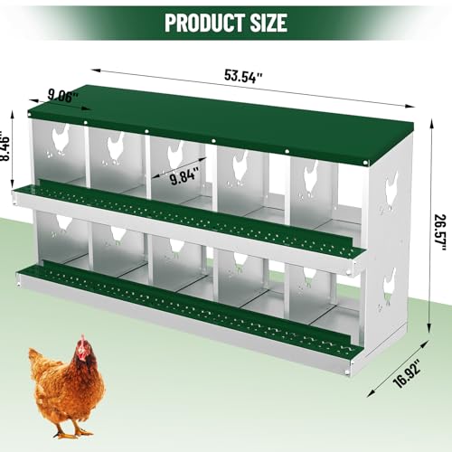 10-Hole Chicken Nesting Box, Rustproof Galvanized Steel Roll-Out Egg Collection with Vented Design, Laying Box for Hens, Poultry Coop Accessories for Egg Layers - color: green, size: 10-Hole