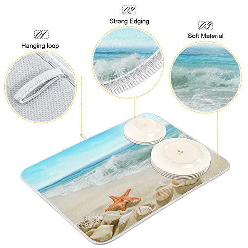 Sweetshow Summer Beach Dish Drying Mat 16 x 18 Inch Sea Wave Shells Starfish Drying Mat with High Absorbent Reversible Microfiber Kitchen Mat Dish Rack Pad Dish Drainer Mat Kitchen Counter Coffee Bar - color: beach, size: 16" x 18"