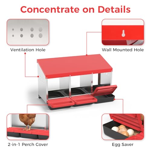 Chicken Nesting Boxes - 3 Hole Metal Nesting Boxes for Chickens, Roll Away Egg Laying Box with Lid, Egg Collection for Chicken Coop, Wall Mounted Nesting Boxes with Vented Holes for Hens, Duck, Red - color: RED, size: 3-Hole