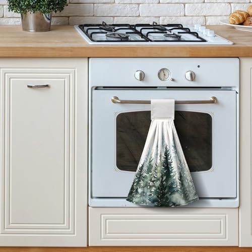 Watercolor Green Tree Hanging Hand Towels Christmas Pine Tree Kitchen Tie Towel Rustic Nature Forest Hand Towels with Hook Loops Winter Hanging Kitchen Towel Fast Drying Dish Tea Towels, 2pcs - color: Green Tree