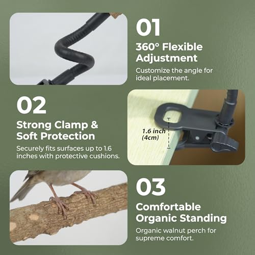 Natural Wood Parrot Perch, Adjustable Clip-On Bird Stand, Flexible Gooseneck Sticks for Conures Cockatiels Lovebirds, Pet Cage Accessories