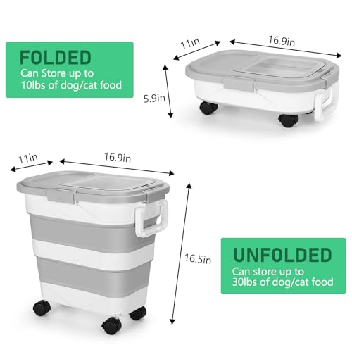 30LB Dog Food Storage Container with Wheels, Lid, Handle, Cup and Scoop | Collapsible Pet food Storage Containers, Airtight Food Storage Bin for Cat Dog Kibbles, Bird Seed, Rice, Flour, Cereal -Grey - color: 30 Lbs Grey