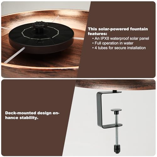 Edenseelake Deck Mounted Metal Bird Bath with Solar Powered Fountain for Outside, Detachable Birdbaths Bowl with Adjustable Steel Clamp for Feeder Railing Balcony Fence Yard