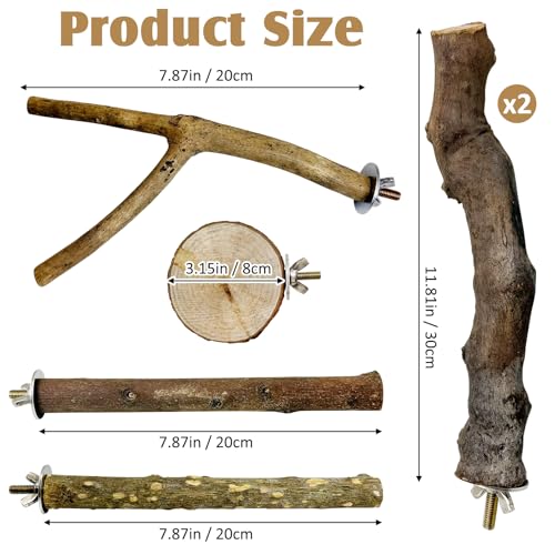 6 PCS Bird Perch Set Natural Wood Parrot Stand Branch Hanging Parakeet Chewing Stick Paw Grinding Fork Platform Bird Cage Accessories for Cockatiel Budgies Conure (Large) - size: Wooden:11.8 Inch