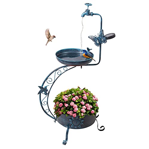VEWOGARDEN Vintage Solar Bird Bath for Outside Garden with Planter, Outdoor Metal Standing Birdbath for Garden Yard Patio Decoration, Blue - color: Blue