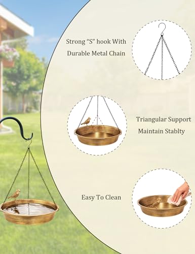 Hanging Bird Bath for Outdoor, Antique Bronze Metal Birdbath Bird Feeder Garden Decor Yard Art (11.5" Dia)