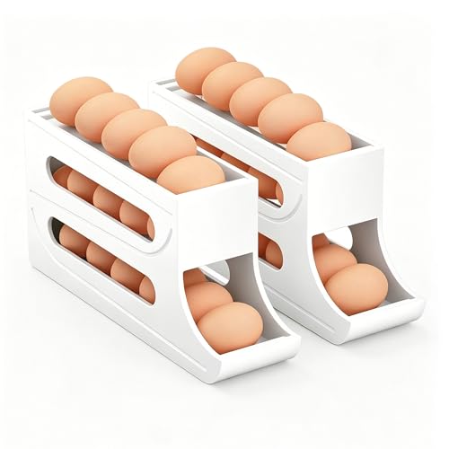 Egg Holder for Fridge - 3 Tiers Auto Rolling Egg Dispenser for Countertop Refrigerator, Kitchen Space-Saving Eggs Roller Storage Container Tray, 2 Packs for 32 Count, White - color: White