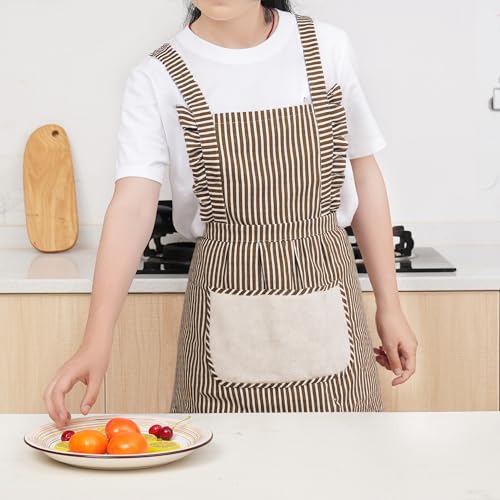 Cute Cotton Apron for Women, Adjustable Bib Cooking Kitchen Aprons with Pockets for BBQ Drawing Baking - color: Brown