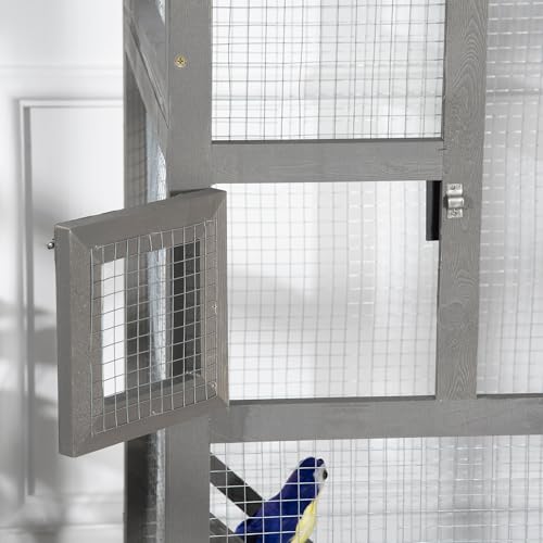 PawHut 65" Wooden Bird Cage Outdoor Aviary House for Parrot, Parakeet, with Pull Out Tray and 2 Doors, Grey | for Parrot, Parakeet, with Pull Out Tray, 2 Doors