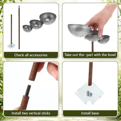 Hicarer 1 Pack 3 Bowl Stainless Steel Rain Catcher Garden Stake, Rust Proof Bird Bath Plant Support Water Stand Rain Collector for Garden Bee Butterfly Bird Feeder Outdoor Decor (3.9",3.1",2.3")