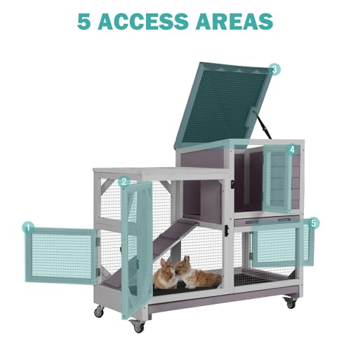 Rabbit Hutch Indoor for 2-4 Rabbits & Guinea Pigs，Bunny Cage with Slide-Out Plastic Trays，Wooden Small Animal Cage for Rabbits, Bunnies, and Guinea Pigs - color: (Grey-AIR7013)
