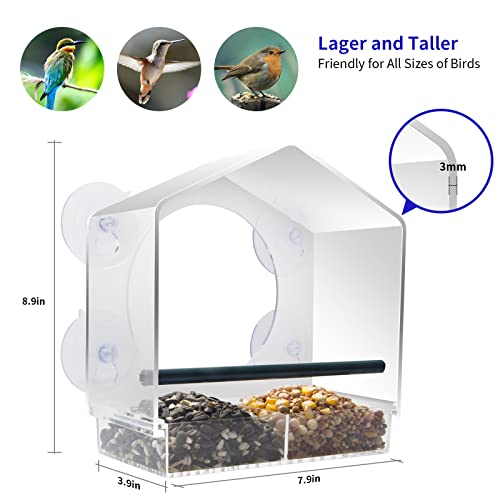Window Bird Feeder with 4 Extra-Strong Suction Cups-Clear Acrylic | Large Movable Seed Trays Outdoor Bird Feeder , House-Shaped, Easy to Refill and Clean for Cardinals, Bluebirds & Chickadees