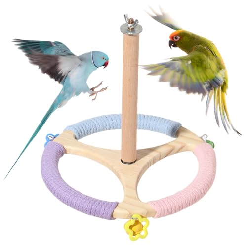 Bird Stand Perch Toy, Rotating Exercise Wheel, 8 inches Wooden Perch with Bells, Cage Accessories for Parakeet, Budgie, Cockatiel