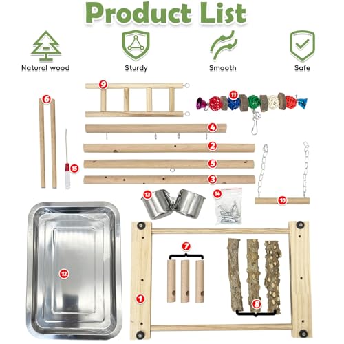 kathson Bird Playground Parrot Perch Stand Toys, Birds Wood Play Gym Activity Center Exercise Playpen Ladder Swing with Feeder Cups Chewing Toy(Include a Tray) - size: Two floors