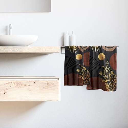 Black Boho Modern Kitchen Towels Set of 2 Abstract Mid Century Soft Absorbent Face Towels Retro Gold Leaves Tea Dish Towels Housewarming Gifts for New Home Bathroom Hotel 14"x28" - color: Black Boho