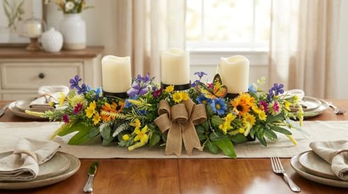 Svndlyn Floral Candle Holder Centerpiece with Butterflies and Wildflowers | Colorful Daisies, Sunflowers, Burlap Bow and Greenery for Table, Mantel and Spring Summer Decor