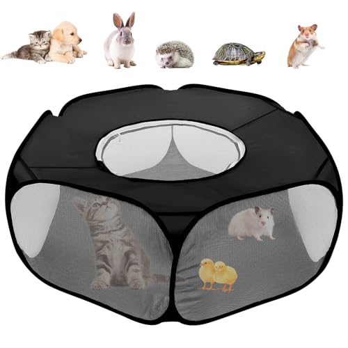 Small Animal Playpens with Top Cover, Foldable Breathable Small Pets Cage Tent Outdoor Indoor Portable Play Pen for Guinea Pig Hedgehog Hamster Cat Rabbit Bunny Puppy Ferret Rat Chicks (Black) - color: Black