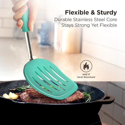 Kitchen Mama WaltzGrip Platinum Silicone Pancake Spatula Turner, Teal | Heat-Resistant, Slotted Tapered Head, Stainless Steel Core, Durable and Dishwasher-Safe, For Flipping and Wok Use - color: Teal
