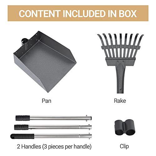 Dog Pooper Scooper, Dog Poop Tray and Rake Set with Long Stainless Handles | Pet Waste Removal Scoop with Adjustable Sectional Handles - color: Silver/Black