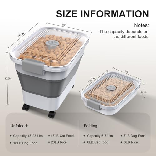 Dog Food Storage Container, 15-23 Lbs Collapsible Dog Food Container with Transparent Airtight Lid, Wheels and Scoop, Travel Pet Food Storage Container for Cat, Dog and Bird, Keep Dry Food Fresh - color: Grey