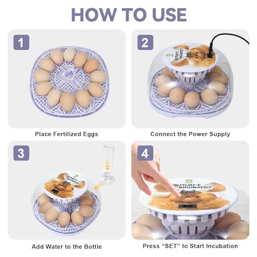 Gen I - 12 Egg Automatic Incubator, Steady Humidity with Auto-Refill, Stable Temp Control, Auto Egg Turning, Candler, Real-Time Display for Hatching Chicken, Goose, Duck, Quail, Pigeon, and Turkey - size: 12 egg-white