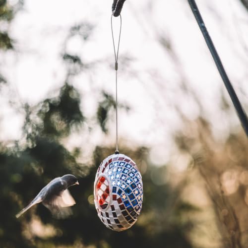 Backyard Expressions Hanging Glass Bird Feeder - Patriotic - Fly Through Bird Feeders for Outside, Mosaic Bird Feeder, Round Shape Wild Birdfeeder - color: Red, White & Blue